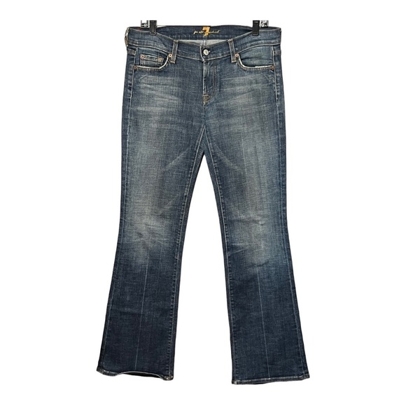 7 For All Mankind Wide Leg Flare Bootcut Jeans Low-Rise Distressed Dark Denim - Picture 2 of 8